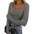 thumbnail image 1 of gbyLJF Womens Long Sleeve Shirts Square Neck Slim Fit Basic Tops Solid Color Ribbed Knit Casual Tee Tunic Top, 1 of 9