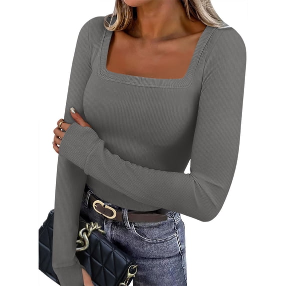 gbyLJF Womens Long Sleeve Shirts Square Neck Slim Fit Basic Tops Solid Color Ribbed Knit Casual Tee Tunic Top