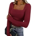 thumbnail image 1 of gbyLJF Womens Long Sleeve Shirts Square Neck Slim Fit Basic Tops Solid Color Ribbed Knit Casual Tee Tunic Top, 1 of 9
