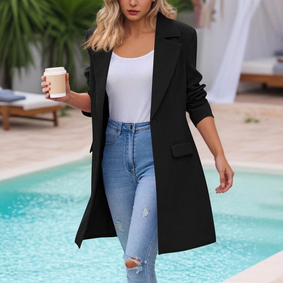 gbyLJF Womens Long Solid Color Cardigan One Button Lapel Suit Jacket Long Sleeve Casual Business Blazer Coat