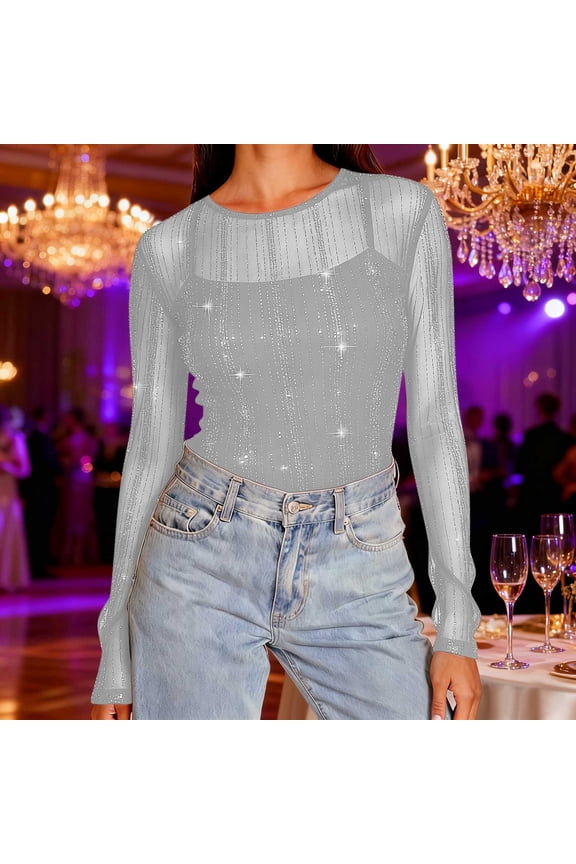 Womens Mesh Tops Solid Color See Through Shirts Long Sleeve Slim Fit Sheer Blouse Clubwear Sequins Tops