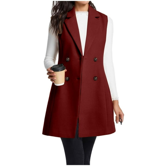 gbyLJF Womens Mid-length Vest Plaid Double Breasted Sleeveless Trench Coat Casual Woolen Overcoats with Pockets