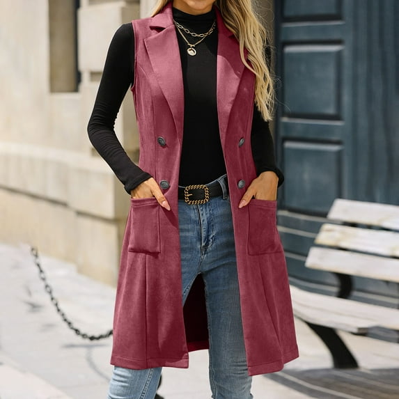 gbyLJF Womens Mid-length Vest Solid Color Double Breasted Sleeveless Trench Coat Jackets Casual Vintage Overcoat Cardigan with Pockets