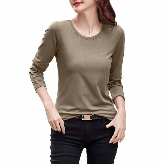 gbyLJF Womens Modal Long Sleeve Shirts Plain Crewneck T Shirts Fall Casual Basic Tops Fashion Tunic Blouse Clothes Khaki XXL