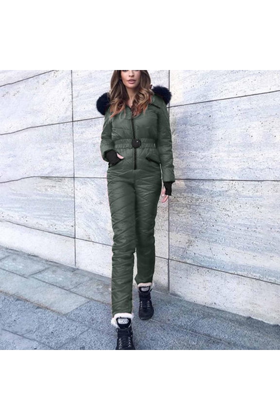 Womens Onesie Ski Suit Winter Outdoor Sports Waterproof Snowsuit Thickened Cotton-padded Zip Up Jumpsuits Jacket