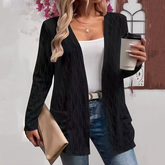gbyLJF Womens Open Front Sweaters Spring Lightweight Knitted Cardigan with Pockets Solid Color Long Sleeve Tops for Women