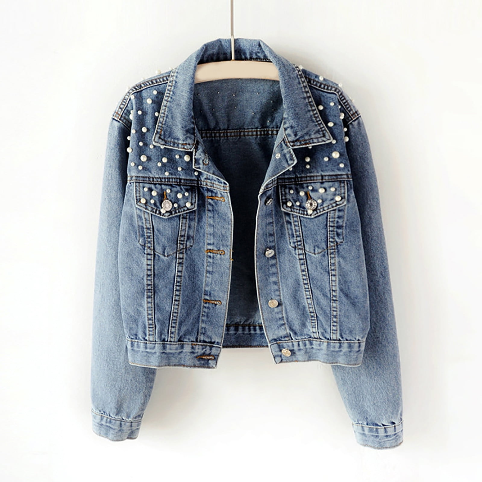 gbyLJF Womens Oversized Denim Jacket Embroidered Pearls Beading