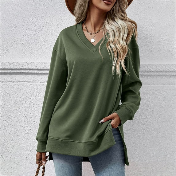gbyLJF Womens Oversized Sweatshirts Loose Fit Long Sleeve Tunic Tops Casual Fall V Neck Pullover Breathable A01_Army Green S