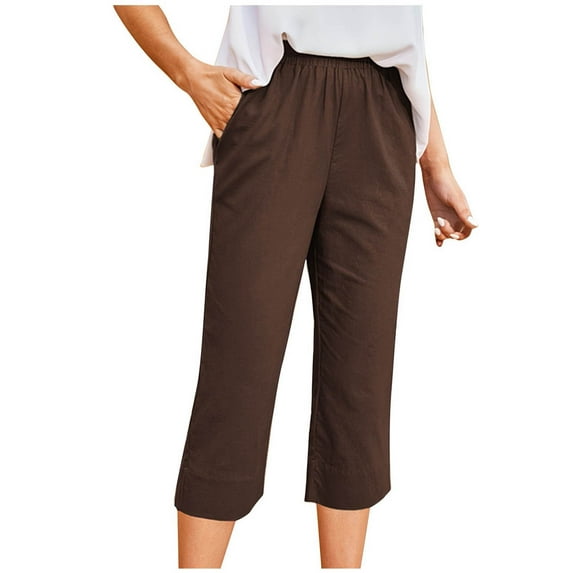 gbyLJF Womens Pants Elastic Waist Straight Leg Cropped Pants Summer Ladies Dressy Casual Work Capri Pants with Pockets