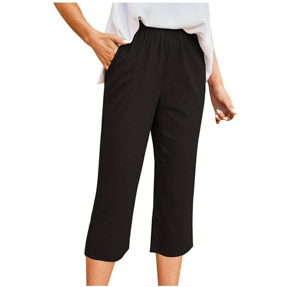 gbyLJF Womens Pants Elastic Waist Straight Leg Cropped Pants Summer Ladies Dressy Casual Work Capri Pants with Pockets