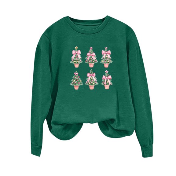gbyLJF Womens Pink Christmas Tree Sweatshirt Bow Graphic Long Sleeve Fleece Pullover Xmas Holiday Fall Winter Tops