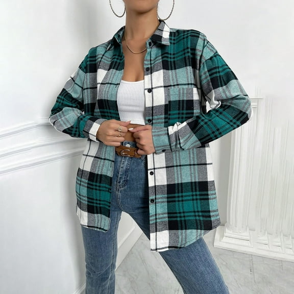 gbyLJF Womens Plaid Shackets Jackets Loose Fit Long Sleeve Shirts Tops Fashion Fall Button Down Outfits Clothes with Pockets