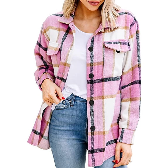 gbyLJF Womens Plaid Shackets Jackets Loose Fit Long Sleeve Shirts Tops Fashion Fall Button Down Outfits Clothes with Pockets