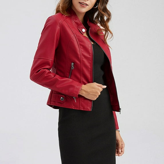 gbyLJF Womens Plus Size Faux Leather Jackets Long Sleeve Full Zip Coat Solid Color Stand-Up Collar Moto Outerwear