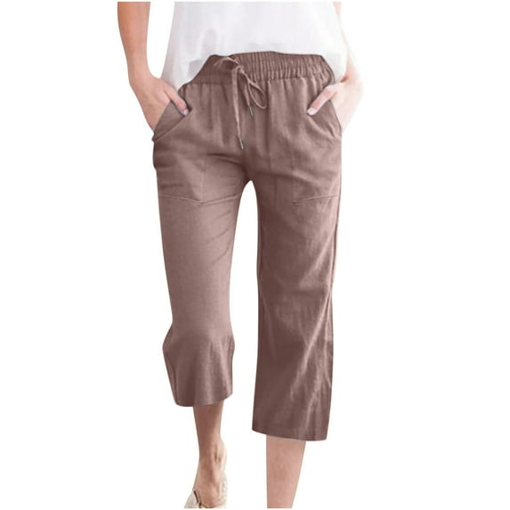 gbyLJF Womens Plus Size Linen Capris Casual Drawstring Waist Cropped Trousers Summer 2024 Straight Leg Capri Pants Brown S
