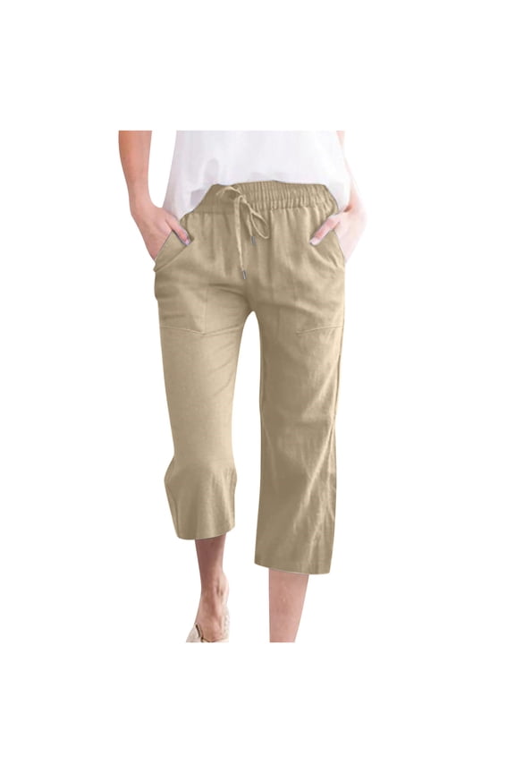 Womens Plus Size Linen Capris Casual Drawstring Waist Cropped Trousers Summer 2024 Straight Leg Capri Pants Khaki XL