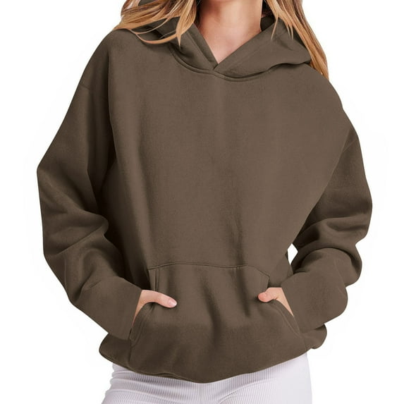 gbyLJF Womens Round Neck Hoodie Fashion Casual Hooded Solid Color Sweatshirt Autumn and Winter Long Sleeve Tops with Pocket Oversized Hoodies