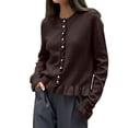 thumbnail image 1 of gbyLJF Womens Ruffer Sweater Cardigan Button Down Long Sleeve Crew Neck Cropped Knitted Tops Coffee, 1 of 6