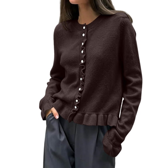 gbyLJF Womens Ruffer Sweater Cardigan Button Down Long Sleeve Crew Neck Cropped Knitted Tops Coffee