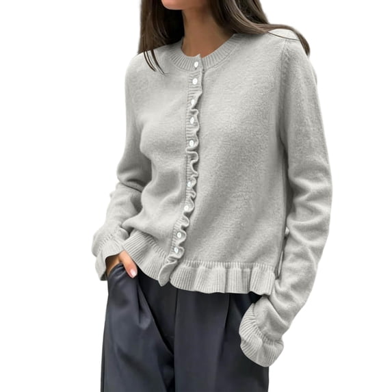 gbyLJF Womens Ruffer Sweater Cardigan Button Down Long Sleeve Crew Neck Cropped Knitted Tops Gray