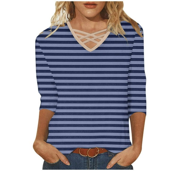gbyLJF Womens Shirts 2024 Fall Trendy Stripes Print 3/4 Sleeve Blouses Loose Comfy Cotton V Neck Casual Tunic Tops A01_Dark Blue 3XL