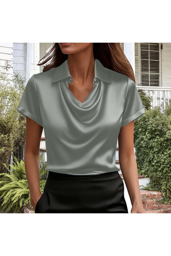 Womens Short Sleeve Shirts Solid Color Silk Satin Turndown Collar Tops Casual Career Office Business Blouses Summer Tunic Top