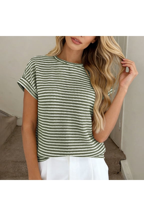 Womens Short Sleeve Sweater Loose Fit Round Neck Striped Knit Sweater Spring Summer 2026 Clothes
