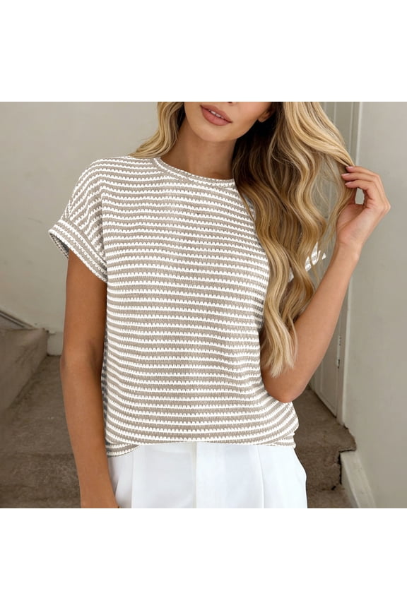 Womens Short Sleeve Sweater Loose Fit Round Neck Striped Knit Sweater Spring Summer 2026 Clothes