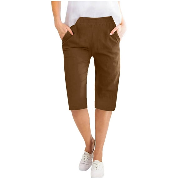 gbyLJF Womens Shorts Summer Solid Straight Leg Cotton Linen Shorts Loose Bike Shorts with Pockets for Women Brown L