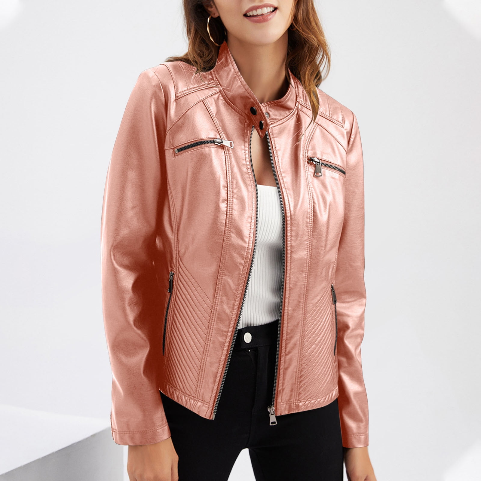 gbyLJF Womens Slim Fit Faux Leather Jackets Long Sleeve Full Zip Coat Solid Color Stand-Up Collar Moto Outerwear