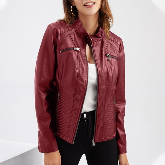 gbyLJF Womens Slim Fit Faux Leather Jackets Long Sleeve Full Zip Coat Solid Color Stand-Up Collar Moto Outerwear