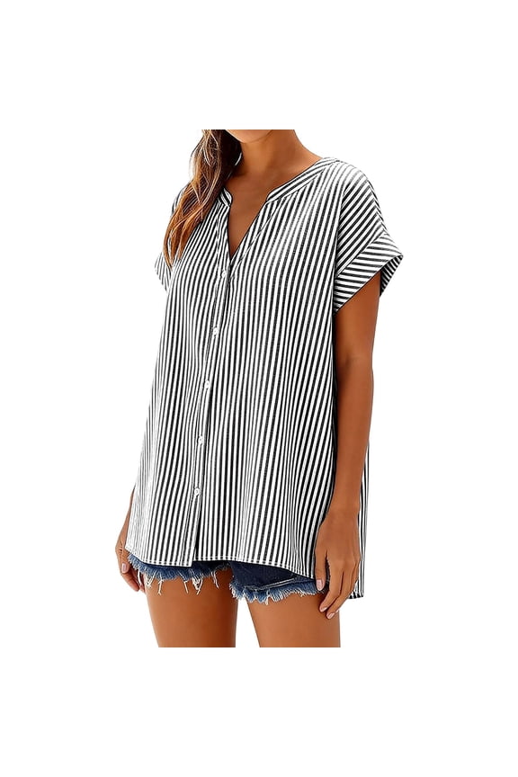 Womens Striped Linen Tops Loose Fit Button Up V-neck Shirts Casual Short Sleeve Open Front Clothes