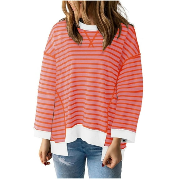 gbyLJF Womens Striped Tshirt Loose Color Block Oversized Sweatshirts Crewneck Pullover Tops Elbow Sleeve Tee Blouses A01_Red L