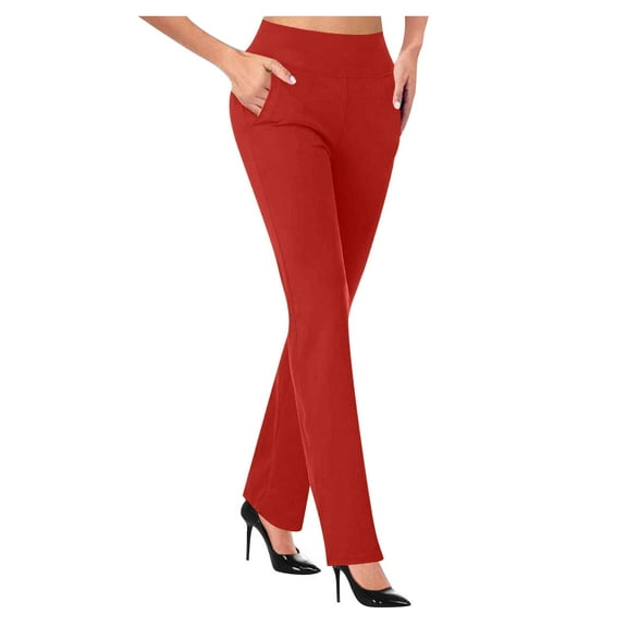 gbyLJF Womens Suit Pants Dressy Casual Business Pants Elastic Waist Straight-Leg Classic Office Work Pants with Pockets Red M