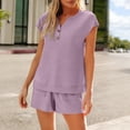 thumbnail image 1 of gbyLJF Womens Summer Clothes Sets Two Piece Outfits Solid Color Short Sleeve T-shirts and Shorts with Pockets Sets Purple,L, 1 of 4