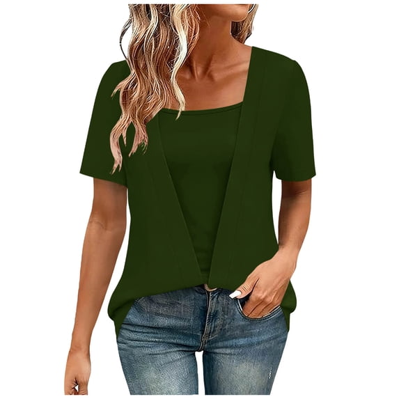 gbyLJF Womens Summer Short Sleeve Tops Solid Color Fake Two Piece Loose Layered Blouse Shirt 2026 Trendy Tunic Tops