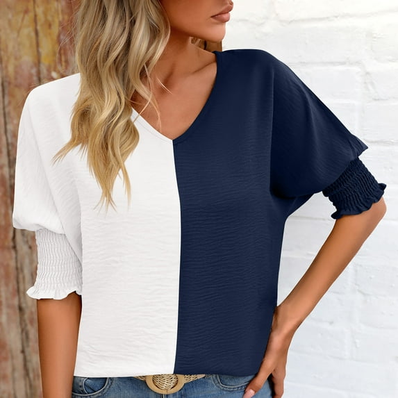 gbyLJF Womens Summer Tops Stretch Pleated Short Sleeve Shirts Casual V Neck Color Blocked Patchwork Tee Shirts