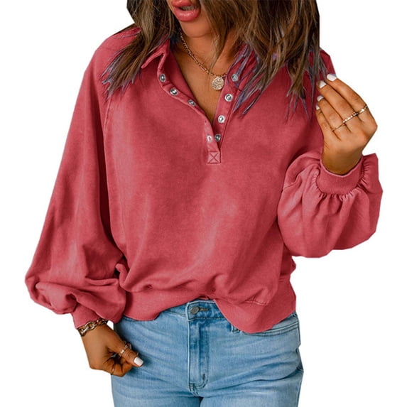 gbyLJF Womens Sweatshirt Fall Clothes Lantern Sleeve Drop Shoulder Pullover Loose Fit Streetwear Button Trendy Outfits Red L