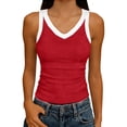 thumbnail image 1 of gbyLJF Womens Tank Tops Color Blocked V Neck Ribbed Knit Summer Sleeveless Tee Slim Fit Going Out Clothers Red,L, 1 of 5