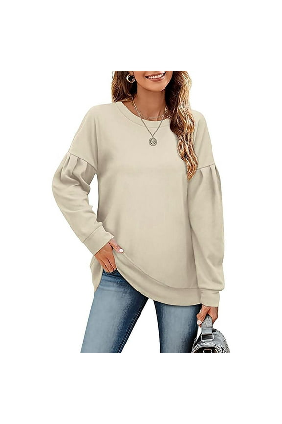 Womens Tops Casual Long Balloon Sleeve Pullover Fall Thin Section Comfy Loose Round Neck Solid Tunic Blouses Beige XXL