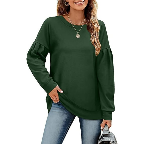 gbyLJF Womens Tops Casual Long Balloon Sleeve Pullover Fall Thin Section Comfy Loose Round Neck Solid Tunic Blouses Green M