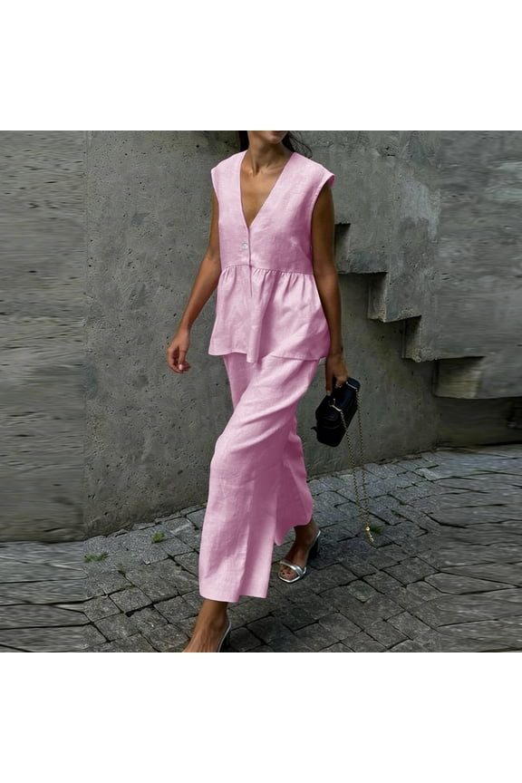 Womens Two Piece Set Sleeveless V Neck Top with Wide Leg Pant Suits Dressy Casual Summer Vacation Outfits