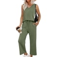 thumbnail image 1 of gbyLJF Womens Two Piece Sets Summer Travel Vacation Solid Color Sleeveless V-neck Outfits Casual Women Clothing, 1 of 9