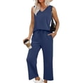 thumbnail image 1 of gbyLJF Womens Two Piece Sets Summer Travel Vacation Solid Color Sleeveless V-neck Outfits Casual Women Clothing, 1 of 8