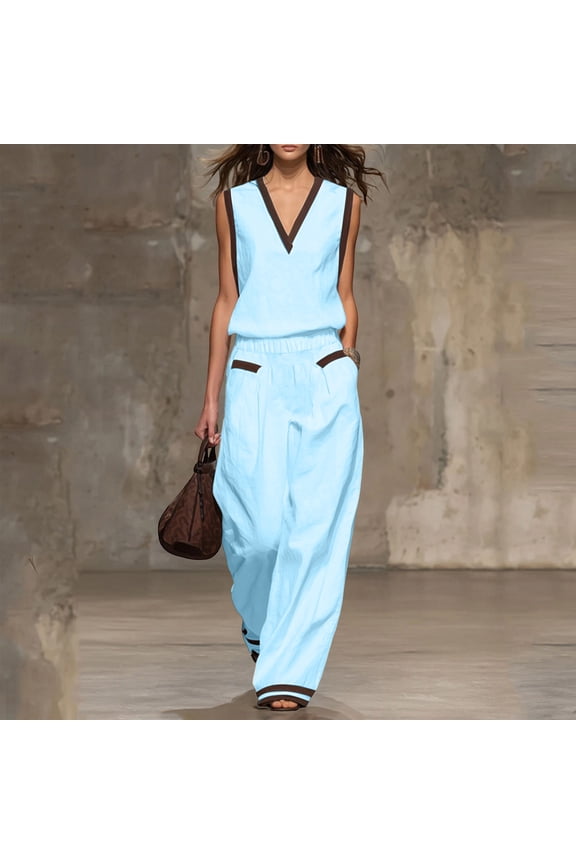 Womens Two Piece Sleeveless Pant Set V Neck Tank Top Matching Wide Leg Trouser Set Casual Dressy Outfits for Spring Summer