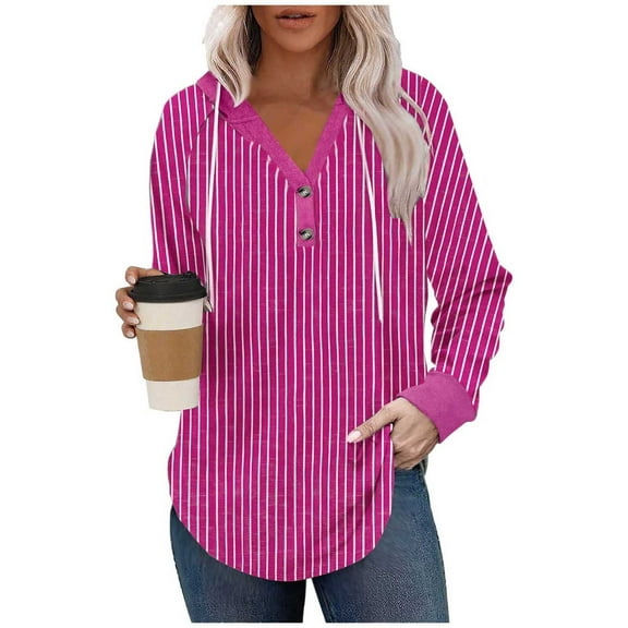 gbyLJF Womens V-neck Hooded Sweatshirt Vertical Striped Printed Drawstring Hoodie Casual Loose Fit Long Sleeve Pullover Top