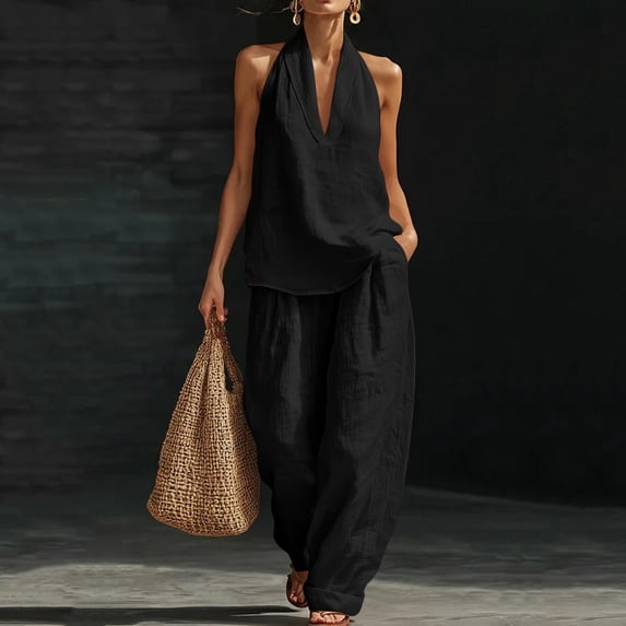 gbyLJF Womens Vacation Clothes Set Sleeveless Top and Wide Leg Pants Matching Set Summer Linen 2 Piece Outfits for Women