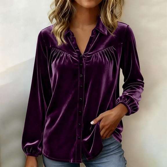 gbyLJF Womens Velvet Button Down Shirts Solid Color Long Sleeve Lapel Blouse Casual V-neck Pleated Top Work Office T-shirt