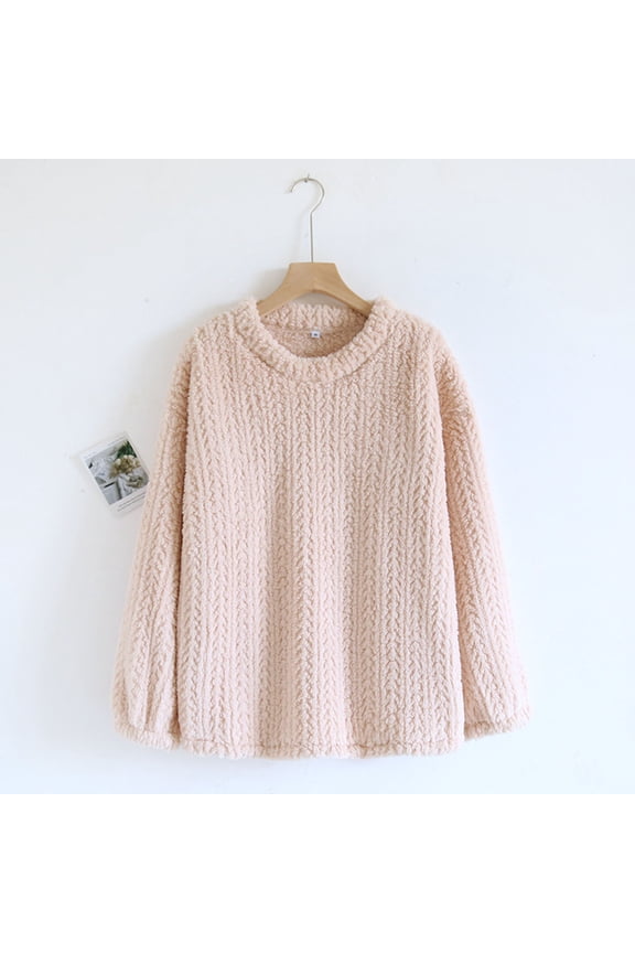 Womens Winter Long Sleeve Tops Fuzzy Round Neck Pullover Sweatshirts Casual Solid Color Fleece Sweaters