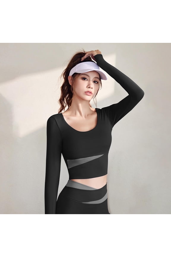 Womens Workout Tops Slim Fit Long Sleeve Crop T Shirt Color Block Cross Yoga Running Gym Shirts Blouses